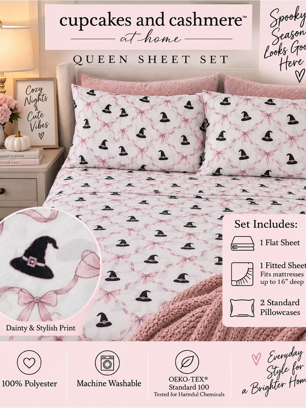 cupcakes & cashmere Pink Witch Hat Queen Sheet Set